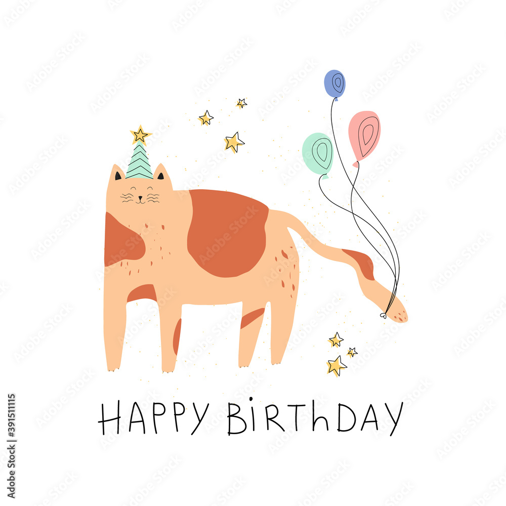 Naklejka premium Kid's birthday party cards. Happy birthday cute celebration postcards, invitation with cat, balloons and stars. Kids cheerful holiday flyers templates