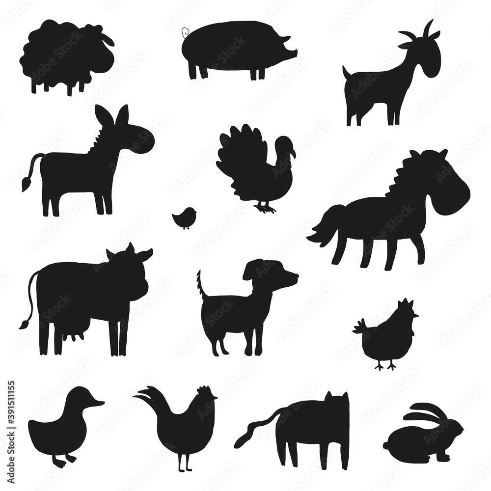 Set of farm animals silhouette. Collection of black color domestic animals. Vector illustration for children. Zoo.