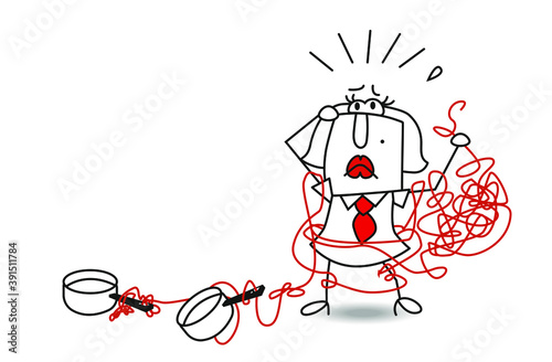 complexity of a woman.
Karen have many things to hide. It's very complex. She wants to see a psychologist.
she is tangled in a thread. It is a metaphor