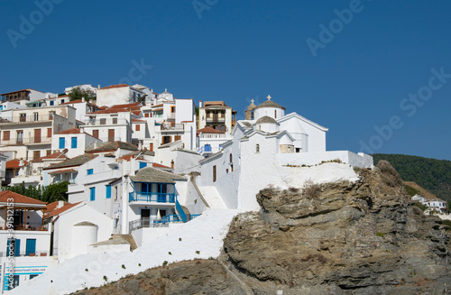 traditional white church,Holy Monastery of the Annunciation, on the island of Skopelos, Greece