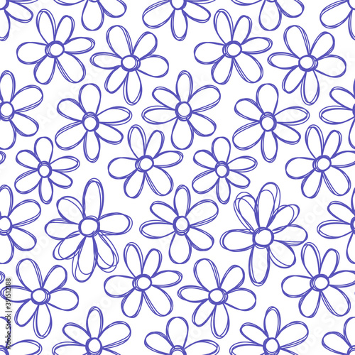 Floral seamless pattern. Hand drawn flowers. Vector illustration. Pen or marker doodle sketch. Line art silhouettes. Repeat contour drawing.