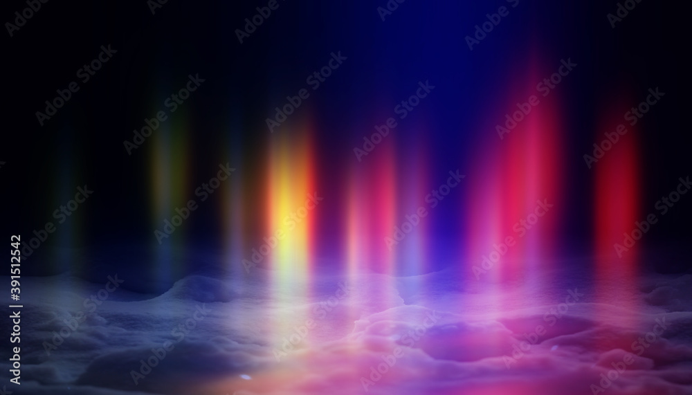 Dark Christmas abstract background. Snow cover, neon glow, blurred bokeh, snowflakes. 3d illustration Dark Christmas abstract background. Snow cover, neon glow, blurred bokeh, snowflakes. 3d illustration
