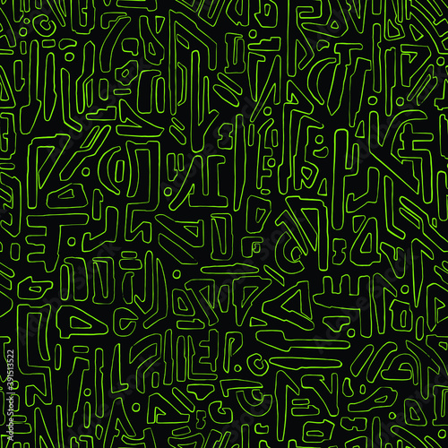 Alien hieroglyph seamless pattern. Black and green doodle style vector illustration pattern for surface, t shirt design, print, poster, icon, web, graphic designs. 