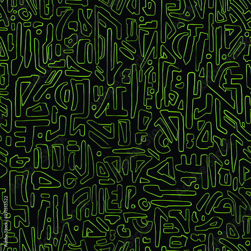 Alien hieroglyph seamless pattern. Black and green doodle style vector illustration pattern for surface, t shirt design, print, poster, icon, web, graphic designs. 