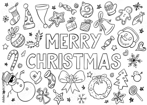 Christmas ornaments doodle collection. Black and white doodle style vector illustration.