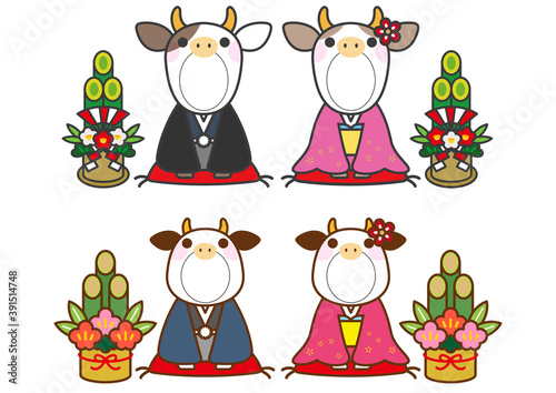 年賀状用 かわいい牛の夫婦