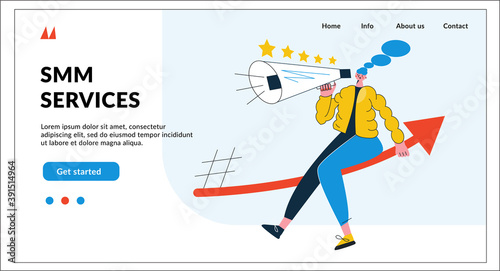 Social media marketing landing page heading concept. Template for website, poster, banner. Influencer, advertising and sales growth.  Modern flat vector illustration with character isolated on white 