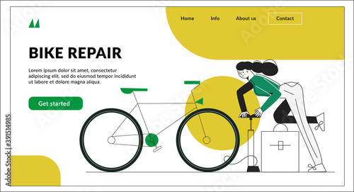 Bike repair landing page heading concept. Template for website. Bicycle mechanic in a workshop. Young woman repairing mountain bike. Modern flat vector illustration with character isolated on white 