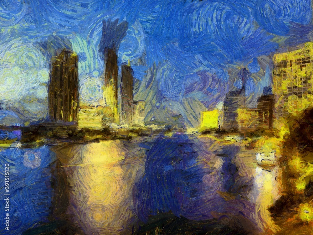 Landscape of the Chao Phraya River at night Illustrations creates an impressionist style of painting.