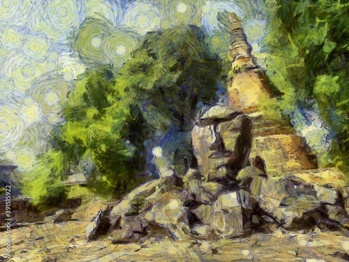 Ancient Ruins in Ayutthaya Illustrations creates an impressionist style of painting.