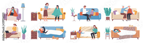 Fotografia Collection of ill or sick and recovered people on sofa or couch at home