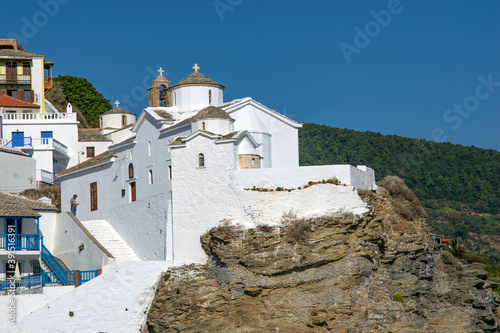 traditional white church,Holy Monastery of the Annunciation, on the island of Skopelos, Greece