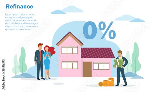 Bank officer offering 0% interest rate to family couple, husband and wife in front of beautiful house. Idea for home loan, refinance house or estate mortgage. 