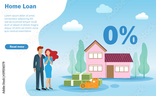 Happy family couple, husband and wife infront of beautiful house with 0% interest rate. Idea for home loan, refinance house or estate mortgage. 