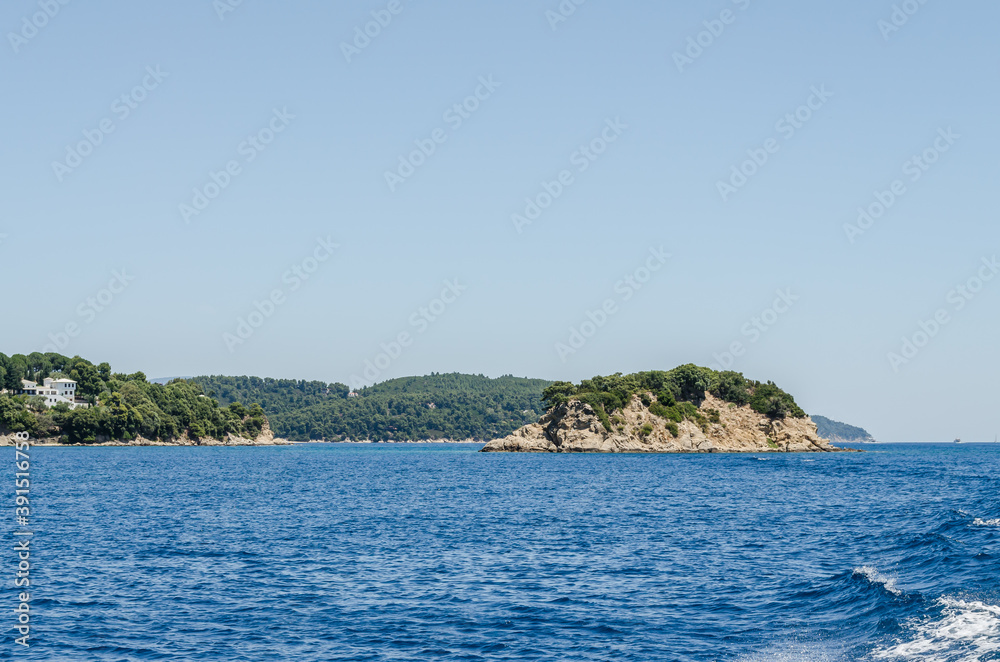 Evia island, Greece - June 28. 2020: Panorama of access to the beach on the island of Lihada - Greece 