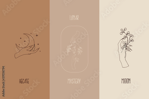Hand drawn vector illustration of mystic logo. Magical outline clipart for print, card, textil design. Alchemy, magic, esoteric, occult, spiritual set.