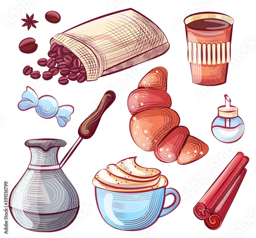 Cinnamon stick and coffee beans spilled from bag vector. Isolated croissant and Turkish cezve pot for brewing beverages. Sugar container and plastic cup