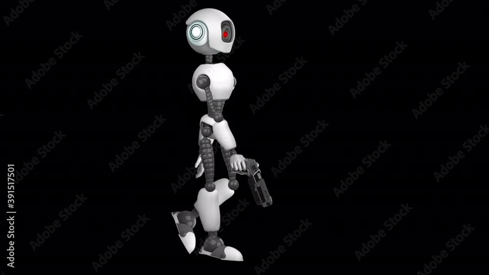 A humanoid aggressive robot with a weapon in his hands goes and shoots. 2D animation. Alpha channel. Isolated on transparent background. A humanoid aggressive robot with a weapon in his hands goes and shoots. 2D animation. Alpha channel. Isolated on transparent background.
