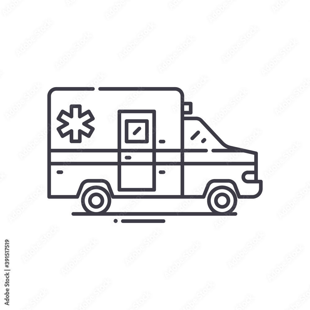 Ambulance icon, linear isolated illustration, thin line vector, web design sign, outline concept symbol with editable stroke on white background.