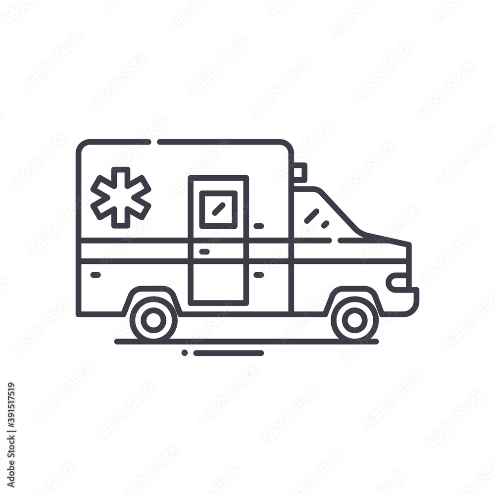 Fototapeta premium Ambulance icon, linear isolated illustration, thin line vector, web design sign, outline concept symbol with editable stroke on white background.