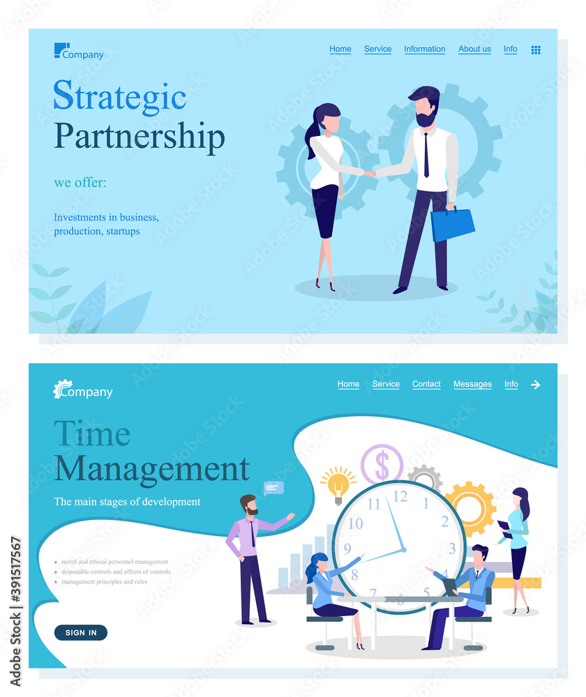 Fototapeta premium Time management and strategic partnership, investment in business and development. Company startup, businessman project and production online vector