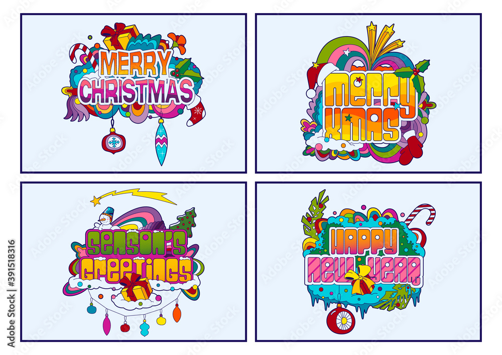 Season's Greetings, Christmas and New Year Greeting Cards, Psychedelic Art Style Stickers