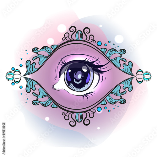 Third eye with colored watercolor spots. Esoteric symbol.