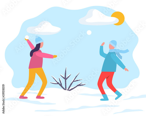 People characters playing with snow together outdoor. Little boy and girl wearing casual clothes throwing snowballs. Man and woman in hat and scarf joying in snowy park with sunny weather vector