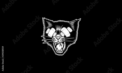 Black And White Cartoon Blind Cat Head Illustration