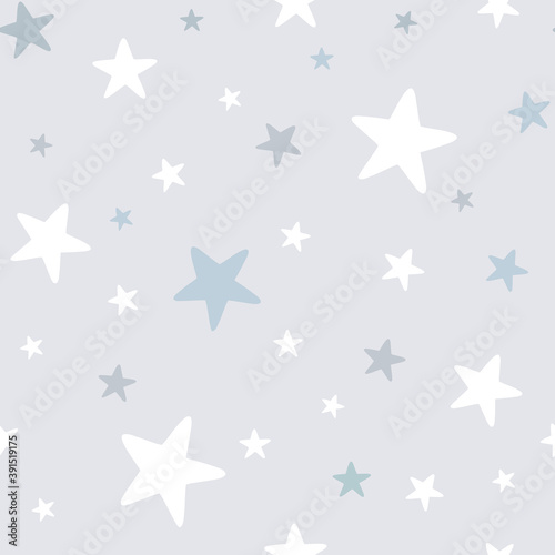 Baby boy nursery seamless pattern with blue stars on gray background. Perfect for fabric  textile  nursery decoration  baby shower  Christmas rapping. Surface pattern design.