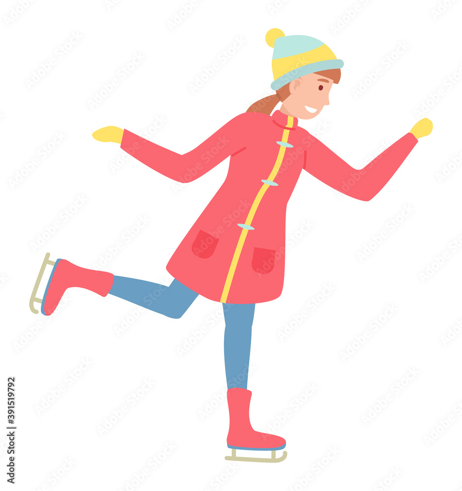 Ice skating smiling girl on frozen surface illustration. Vector cartoon small child wearing warm clothes on skates isolated on white background. Active family games in the winter season outdoor Ice skating smiling girl on frozen surface illustration. Vector cartoon small child wearing warm clothes on skates isolated on white background. Active family games in the winter season outdoor