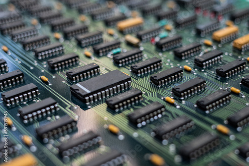 Closeup Electronic circuit board ( PCB )components detail and An integrated circuit (ic)