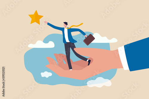 Career development support, assistant or mentor to help reach business goal to achieve target concept, helping hand lift up businessman employee to overcome obstacle reaching the star in the sky.