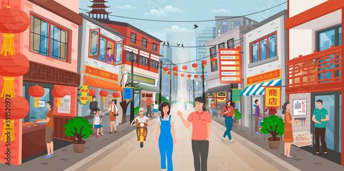People walking at streets in chinese city. Walk in the chinese street with showcase trade shops. Buildings with lanterns ornaments on street in China town, fast food restaurants and gift shops