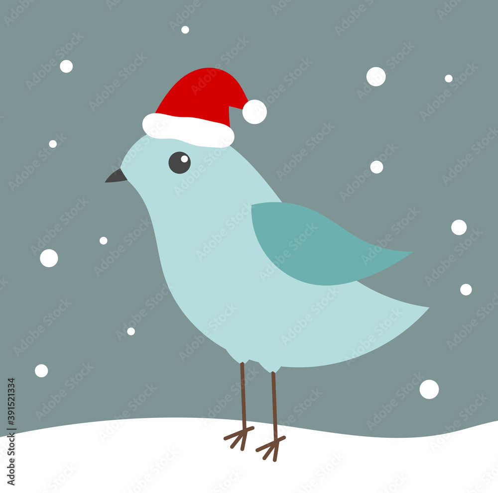 Blue bird in Santa hat in winter scenery.