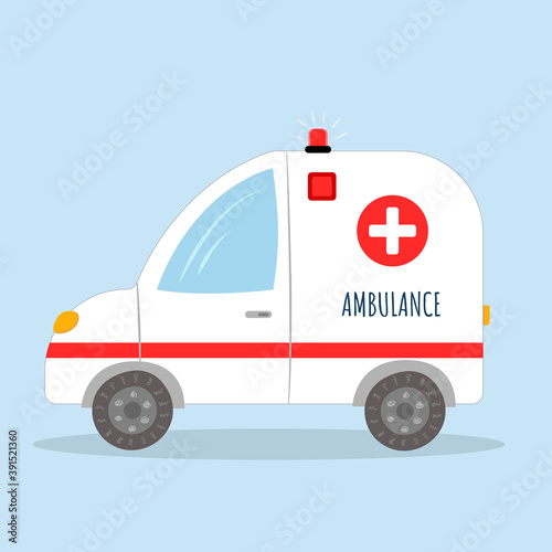 Ambulance in flat cartoon style on blue background. Vector