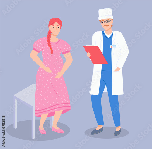 Pregnant woman visiting doctor in clinic, expectant mother talking with physician male character. Man medic dressed in a medical suit looking at a personal patient card, appoints examination