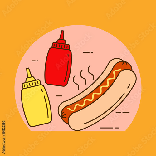 Hot dog concept vector illustration with mustard sauce bottle. Linear color style of hot dog icon 