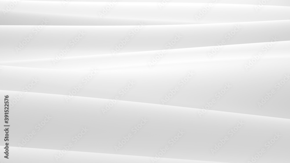 White surface with reflections. Smooth minimal light waves background. Blurry silk waves. Minimal soft grayscale ripples flow. 3D Render Illustration