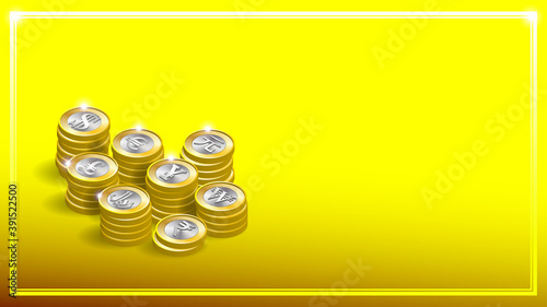 Poster with 3d stacks of bimetallic coins. Gold and silver signs of world currencies. Tokens are dollar, pound, euro, yen, yuan, won, riyal and rupee. Bright radiant highlights. EPS10