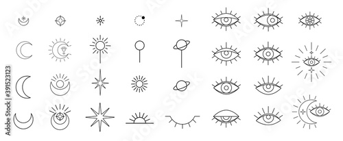 Evil seeing eye symbol set. Occult mystic emblem, graphic design tattoo. Esoteric sign alchemy, celestial bodies, providence sight, Vector eye boho design. Outline eyes symbols with moon, stars