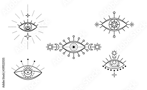 Evil seeing eye symbol set. Occult mystic emblem, graphic design tattoo. Esoteric sign alchemy, celestial bodies, providence sight, Vector eye boho design. Outline eyes symbols with moon, stars