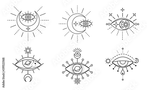 Evil seeing eye symbol set. Occult mystic emblem, graphic design tattoo. Esoteric sign alchemy, celestial bodies, providence sight, Vector eye boho design. Outline eyes symbols with moon, stars