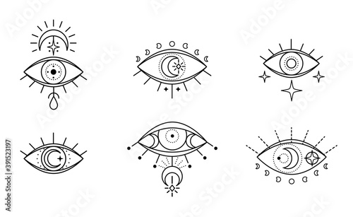 Evil seeing eye symbol set. Occult mystic emblem, graphic design tattoo. Esoteric sign alchemy, celestial bodies, providence sight, Vector eye boho design. Outline eyes symbols with moon, stars