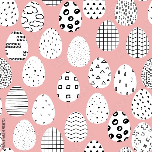 Seamless vector Happy Easter pattern. Easter eggs painted with black and white Scandinavian ornaments on a pink background. Festive spring Polka dot, stripes, crosses illustration. Cute Easter Symbols