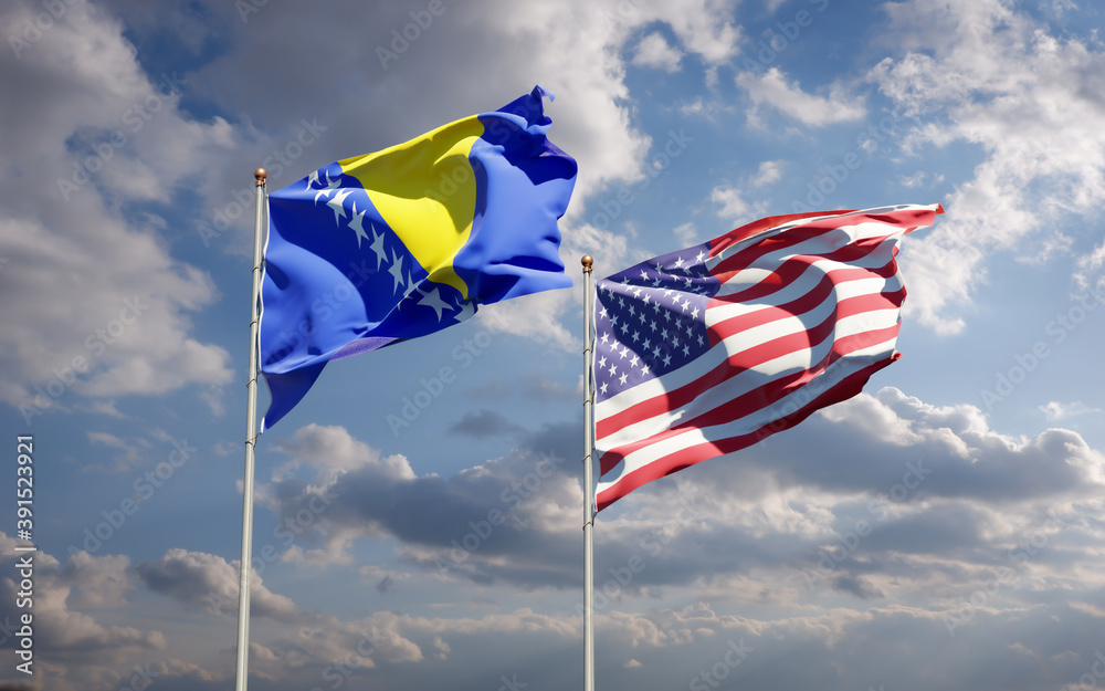 Beautiful national state flags of USA and Bosnia and Herzegovina together at the sky background. 3D artwork concept. Beautiful national state flags of USA and Bosnia and Herzegovina together at the sky background. 3D artwork concept.