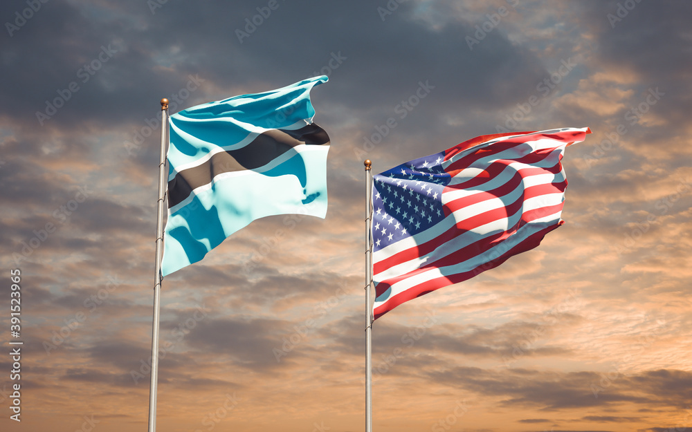 Beautiful national state flags of USA and Botswana together at the sky background. 3D artwork concept. Beautiful national state flags of USA and Botswana together at the sky background. 3D artwork concept.