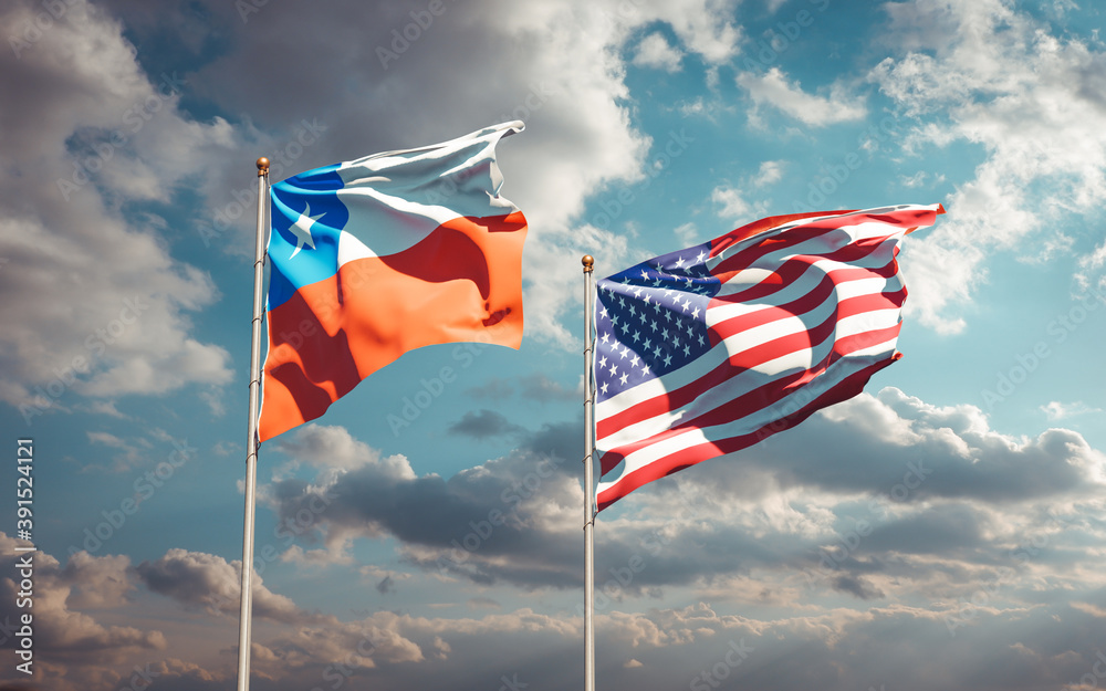 Beautiful national state flags of USA and Chile together at the sky background. 3D artwork concept. Beautiful national state flags of USA and Chile together at the sky background. 3D artwork concept.