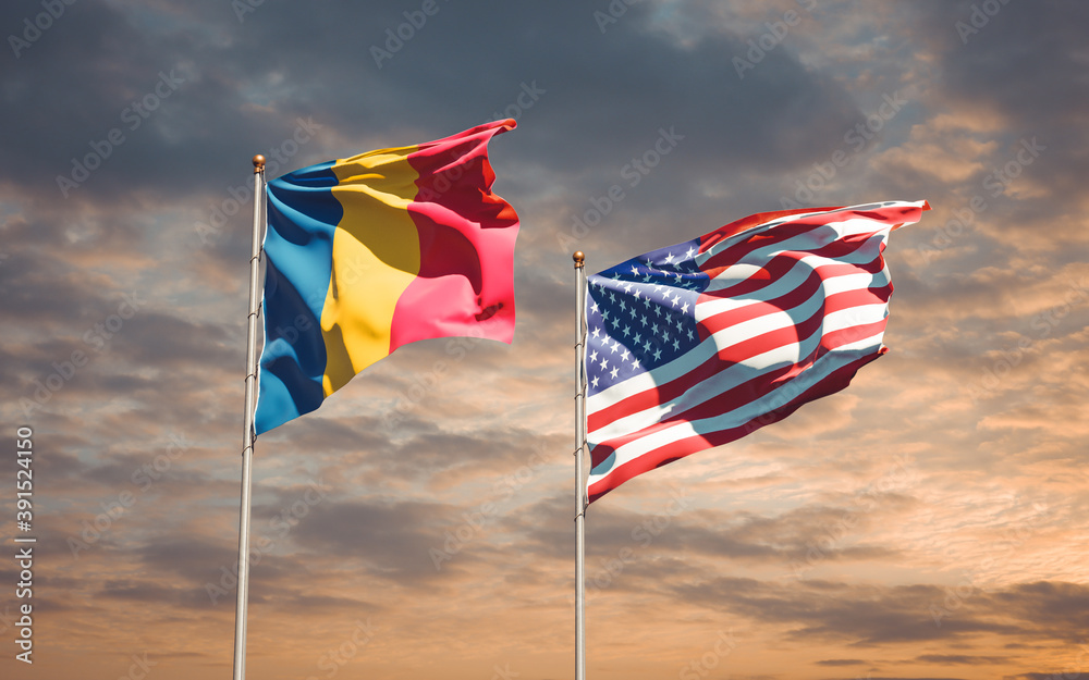 Beautiful national state flags of USA and Chad together at the sky background. 3D artwork concept.