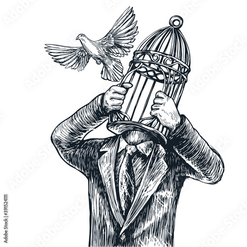 Stylish illustration man breaks the cage flies out bird symbol of freedom sketch vector